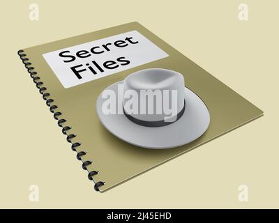 3D Illustration eines altmodischen Inspektor Filzhuts auf einem Büchlein mit dem Titel Secret Files, isoliert auf hellbraunem Hintergrund. Stockfoto