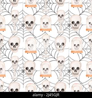 Aquarell handgezeichnete Halloween nahtlose Muster, Scary Party wiederholen Papier, Sculls, Spinnennetz, Gothic Hintergrund. Scrapbook Papier Stockfoto