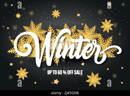 Winter bis zu 50 % Rabatt Sale Schriftzug mit goldenen Schneeflocken. Handgeschriebener und getippte Text, Kalligraphie. Für Poster, Banner, Broschüren und broc Stock Vektor