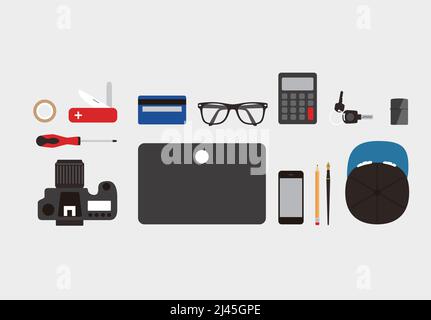 Schreibtisch mit Computer und andere Dinge, Vector Illustration Stock Vektor