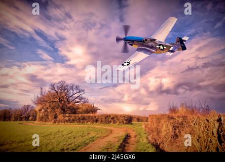 P51 Mustang-Flugzeuge fliegen tief über die britische Landschaft. Stockfoto