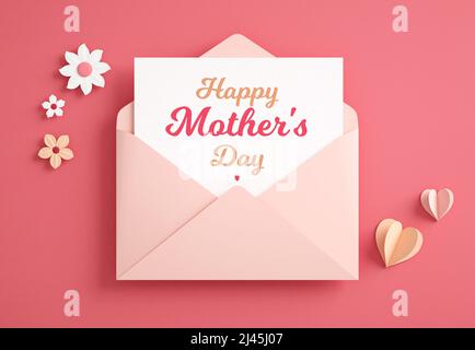 Mothers Day elegante Postkarte mit Schriftzug in einem offenen Umschlag, Herzen und Blumen in Papierschnitt. Flache Lay-Ansicht des modernen Plakats oder Banners b Stockfoto