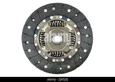 Gebrauchte Autokupplung mit Dämpferfedern und Reibungsbelägen, isoliert auf weißem Hintergrund, Draufsicht. Stockfoto