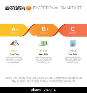 Prozessdiagramm mit drei Schritten. Diagramm, Optionsdiagramm, Layout. Kreatives Konzept für Infografiken, Präsentation, Projekt, Bericht. Kann für Themen verwendet werden Stock Vektor