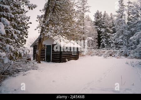 Dieses Bild wurde während eines Schneesturms in der späten Saison am Toft Point aufgenommen. Eine nationale historische Stätte in der Nähe von Baileys Harbour in Door County Wisconsin. Stockfoto