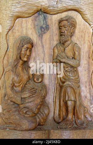Marquesas-Inseln, Nuku Hiva, Taiohae: Geschnitzte Holzdetails der Kathedrale Notre Dame (Französisch: Kathedrale Notre-Dame de Taiohae) Stockfoto
