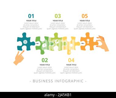 Prozessdiagramm mit fünf Schritten. Puzzle-Diagramm, Schritt-Diagramm, Layout. Kreatives Konzept für Infografiken, Präsentation, Projekt, Bericht. Kann für t verwendet werden Stock Vektor
