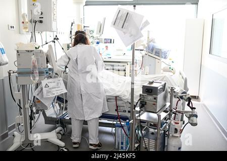 Lyon (Zentralfrankreich), 2021/08/31: Intensivstation im Krankenhaus Croix-Rousse. Pflegepersonal, das sich um einen betroffenen älteren Patienten kümmert Stockfoto