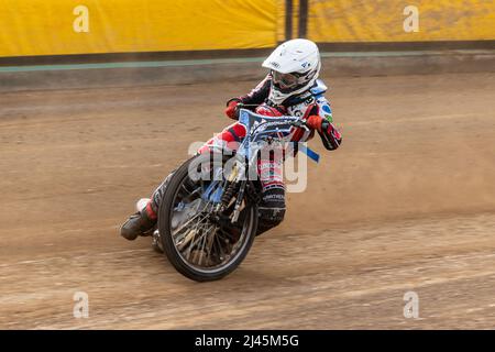 Harry McGurk. Motorrad Speedway Fahrer für Belle Vue Colts. Halbfinale der britischen U-21 in Mildenhall am 10. April 2022 Stockfoto