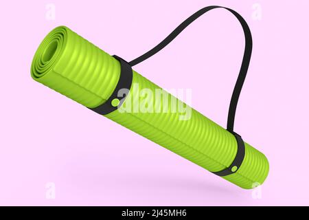 Grüne Yogamatte oder leichte Schaumstoff-Campingbett-Rollauflage isoliert auf rosa Hintergrund. 3d-Rendering von Sportgeräten für Fitness, Yoga und aktives Arbeiten Stockfoto
