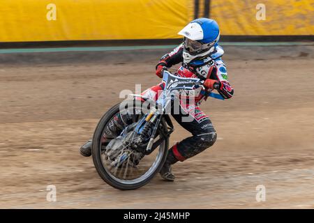 Sam McGurk. Motorrad Speedway Fahrer für Belle Vue Colts. Halbfinale der britischen U-21 in Mildenhall am 10. April 2022 Stockfoto