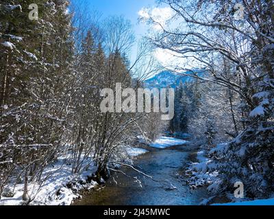 Strom, der in den Grundlsee fließt. In deutscher Sprache Stimitzbach genannt. Schöne Aussicht in winterlicher Landschaft. Grundlsee, Oberösterreich Stockfoto