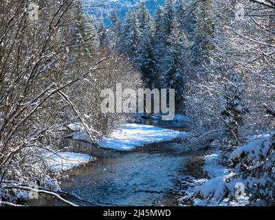 Strom, der in den Grundlsee fließt. In deutscher Sprache Stimitzbach genannt. Schöne Aussicht in winterlicher Landschaft. Grundlsee, Oberösterreich Stockfoto