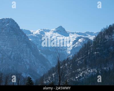 Panoramablick auf verschneite Winterpanoramen der Dachsteinalpen. Der Dachsteingletscher ist der höchste Berg in Oberösterreich, der Steiermark. Ewiges Eis im A Stockfoto