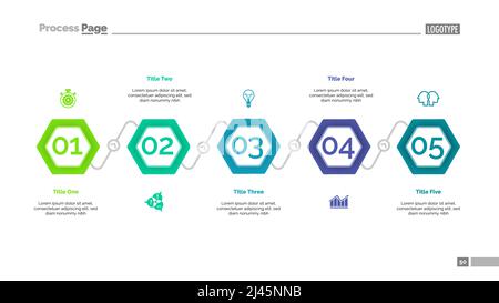 Prozessdiagramm mit fünf Elementen. Schrittdiagramm, Vorlage, Layout. Kreatives Konzept für Infografiken, Präsentation, Projekt, Bericht. Kann für bis verwendet werden Stock Vektor