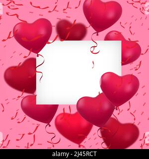 Valentinskarte mit herzförmigen Ballons. Party, Überraschung, Konfetti. Valentinstag-Konzept. Kann für Grußkarten, Poster, Blätter verwendet werden Stock Vektor