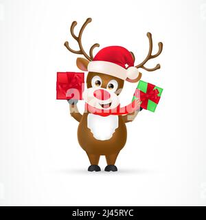 Illustration von Rudolph Weihnachten Rentier mit roten Nasen, die Geschenke halten. Zeichentrickfigur, präsent, Gratulation. Urlaubskonzept. Kann für Themen verwendet werden Stock Vektor