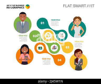 Vorlage für das Prozessdiagramm für vier Teams. Geschäftsdaten. Job, Mitarbeiter, Design. Kreatives Konzept für Infografik, Projekt. Kann für Themen verwendet werden Stock Vektor