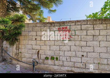 Tayiba, Israel - 09. April 2022: Blick auf eine Mauer mit Pink Floyd-Fanbotschaft im alten Zentrum von Tayiba, einer muslimischen arabischen Stadt in Zentralisraelien Stockfoto