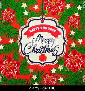 Frohe Weihnachten und frohe Neujahrsschrift. Inschriften auf Hängeanhänger mit Tannenzacken und Weihnachtsstern. Die handschriftliche Beschriftung kann für die Post verwendet werden Stock Vektor