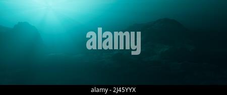 Zerklüftete Landschaft Gelände Unterwasser Dunkle Szene. Stockfoto