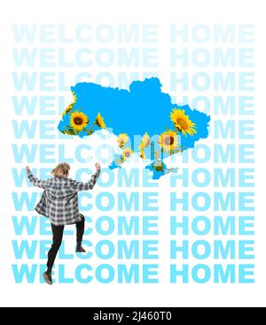 Zeitgenössische Kunstcollage. Glückliche junge Frau kommt zurück in die Ukraine - Heimat. Konzeptuelles Bild der Migration Stockfoto
