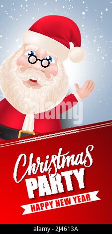 Weihnachtsfeier, Happy New Year Schriftzug und Illustration von Cartoon Santa Claus mit Schneefall. Inschrift kann für Grußkarten verwendet werden, invitatio Stock Vektor