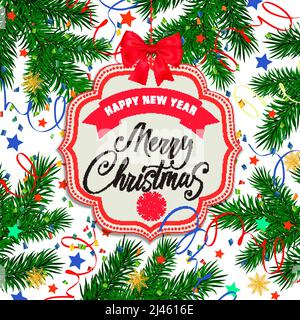 Frohe Weihnachten und frohe Neujahrsschrift. Inschriften auf Hängeanhänger mit Tannenzacken, Bogen, Streamer und Konfetti. Handschriftliche Beschriftung kann sein Stock Vektor