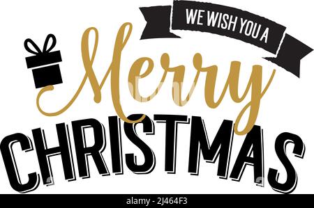 Wir wünschen Ihnen sehr frohe Weihnachtsbeschriftungen. Kreative Inschrift auf Schriftrolle mit Geschenk. Handgeschriebener Text, Kalligraphie. Kann für Grußkarten verwendet werden Stock Vektor