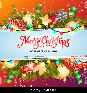 Frohe Weihnachten am besten bieten Schriftzug mit Lichtern, Tannenzacken, Kugeln und Streamer. Kalligraphische Inschrift kann für Broschüren, festliche Gestaltung, Stock Vektor