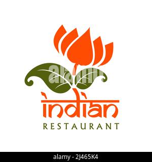 Indische Restaurant-Ikone, Vektor-Emblem mit blühender Blume mit orangefarbenen Blütenblättern und grünen Blättern isoliert auf weißem Hintergrund. Food of India Label für Café, Menüdesign oder nationales Kulinarik-Festival Stock Vektor