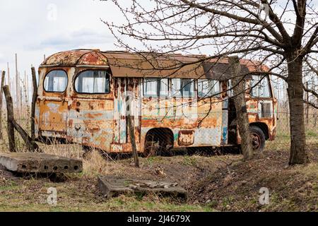 Verbrannte verlassene und alte rostige Busse hinter einem Gitterzaun Stockfoto