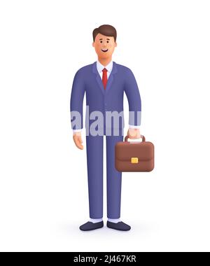 Lächelnder Geschäftsmann in Anzug mit Aktentasche. Führungserfolg, Führungskonzept. 3D Vektor Personen Zeichen Illustration. Minimalistischer Cartoon-Stil. Stock Vektor
