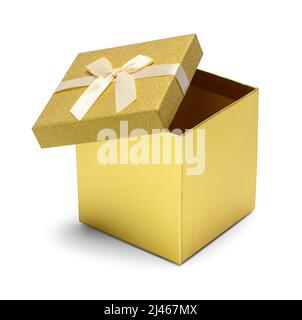 Kleine goldene Geschenkschachtel mit offenem Deckel. Stockfoto