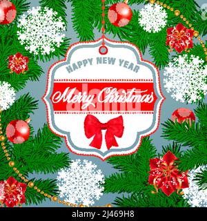 Frohe Weihnachten und frohe Neujahrsschrift. Inschriften auf Hängeanhänger mit Tannenzapfen, Kugeln, Schneeflocken und Blumen. Handgeschriebene BeschriftungsDose Stock Vektor