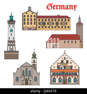 Deutschland Architektur, Lindau Gebäude und Bayern Reise Sehenswürdigkeiten, Vektor. Deutsches Rathaus Garmisch-Partenkirchen, Stephanskirche, Stephanskirche, Peterskirche und Leuchtturm Stock Vektor