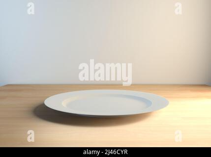 Leere weiße Platte auf einem Holztisch 3D Rendering Stockfoto
