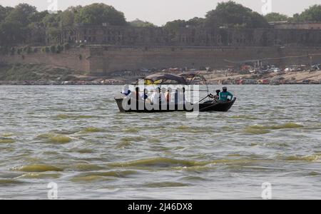 Indische Anhänger genießen Bootsfahrt im heiligen Fluss Ganges und Yamuna am Ufer des Sangam in Prayagraj, Indien. Stockfoto