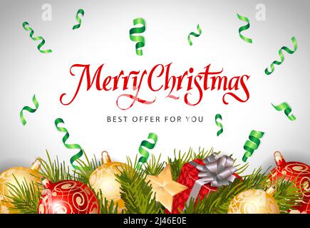 Frohe Weihnachten, Best Offer Schriftzug mit Tannenzacken, Kugeln und Streamer auf silbernem Hintergrund. Beschriftung kann für Broschüren, festliche Gestaltung verwendet werden Stock Vektor