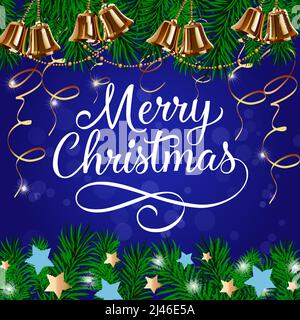 Fröhliche Weihnachtsschrift mit Tannenzacken, Glocken und Perlen-Schnüren auf blauem Hintergrund. Kann für Postkarten, festliche Gestaltung, Poster verwendet werden Stock Vektor