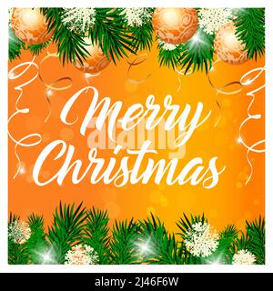 Fröhliche Weihnachtsschrift mit Tannenzapfen, Streamer, Schneeflocken und Kugeln auf orangefarbenem Hintergrund. Kann für Postkarten, Banner, Poster verwendet werden Stock Vektor