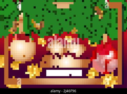 Frohe Weihnachten und Happy New Year Schriftzug im Rahmen mit Tannenzapfen, Zapfen, Kugeln und Schneeflocken. Für das Begrütin kann eine kalligrafische Inschrift verwendet werden Stock Vektor