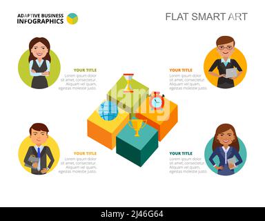 Vorlage für das Prozessdiagramm für vier Teams. Geschäftsdaten. Beruf, Mitarbeiter, Design. Kreatives Konzept für Infografik, Projekt. Kann für verwendet werden Stock Vektor