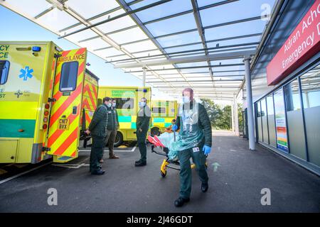 Das Problem der Anstehen von Krankenwagen aufgrund nicht verfügbarer Krankenhausbetten. Ein Krankenwagen entlädt einen Patienten im Grange Universitätskrankenhaus in der Nähe von Pontypool. Stockfoto