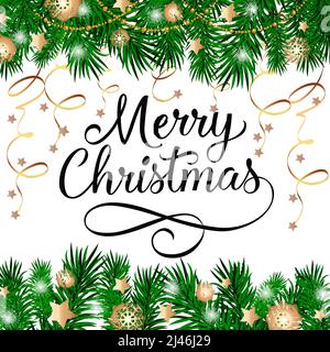Fröhliche Weihnachtsschrift mit Tannenzweigen, Streamer und Perlenschnüren auf weißem Hintergrund. Kann für Postkarten, Banner, Poster verwendet werden Stock Vektor