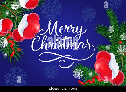 Fröhliche Weihnachtsschrift mit Tannenzweigen, Mistelbeeren und Schneeflocken auf blauem Hintergrund. Kann für Postkarten, Banner, Poster verwendet werden. Stock Vektor