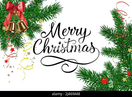 Fröhliche Weihnachtsschrift mit Tannenzweigen, Streamer und Glocken auf weißem Hintergrund. Kann für Postkarten, festliche Gestaltung, Poster verwendet werden Stock Vektor
