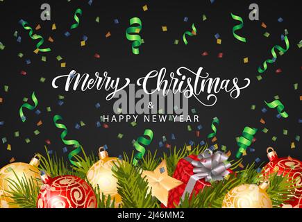 Frohe Weihnachten und fröhliche Neujahrsschrift mit Kugeln, Tannenzweigen und Konfetti auf schwarzem Hintergrund. Zur Begrüßung kann eine kalligrafische Inschrift verwendet werden Stock Vektor