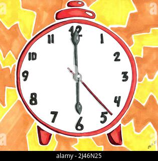 Der klingelnde Wecker ist rot auf gelb-orangefarbenem Hintergrund. Wecker für 6 Uhr. Handzeichnen mit Alkoholmarkern. Stockfoto