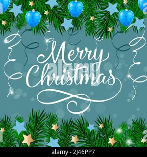 Fröhliche Weihnachtsschrift mit Tannenzacken, Streamer und Ornamenten auf grauem Hintergrund. Kann für Postkarten, festliche Gestaltung, Poster verwendet werden Stock Vektor